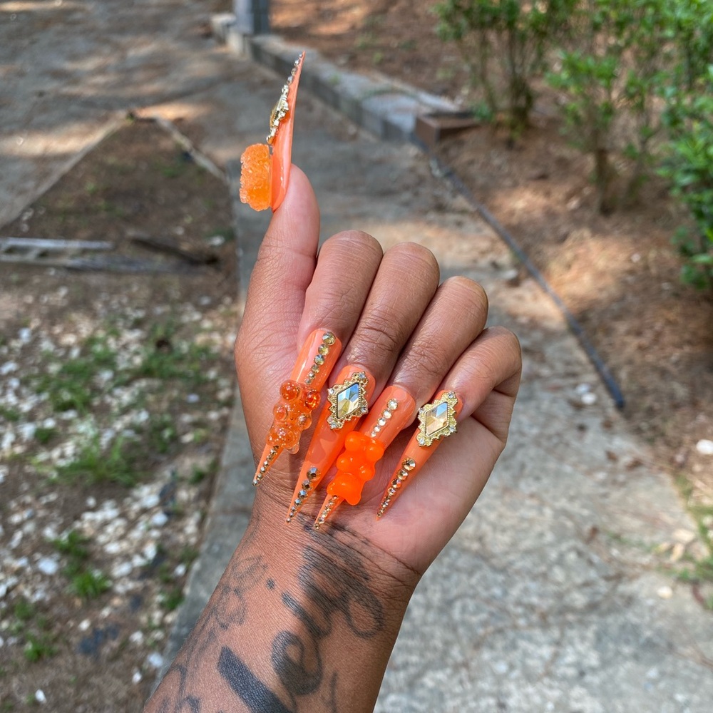 Xl Orange Stiletto Press ons with Rhinestones